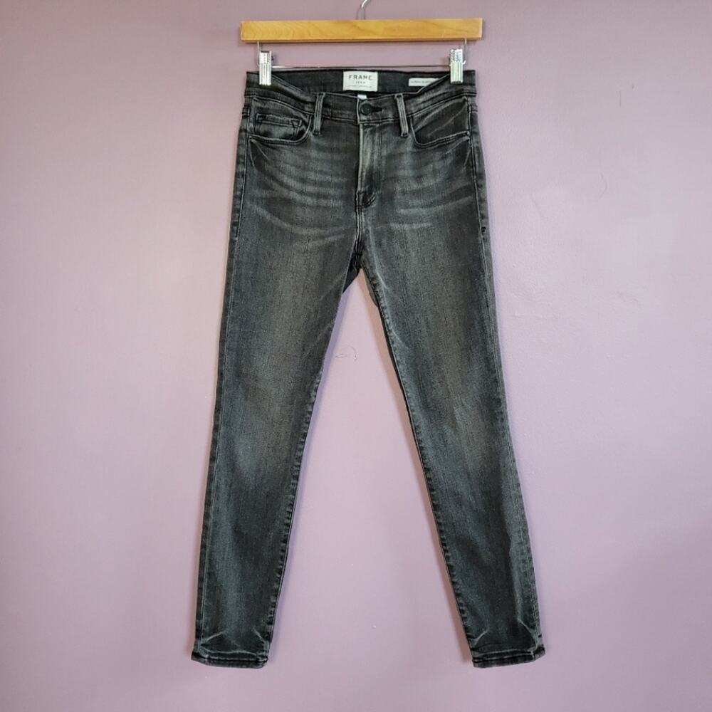 Frame Denim Le Skinny de Jeanne Crop Washed Black Mid Rise Distressed Jeans